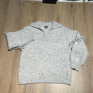 Democracy Women's Gray Knit Sweater Pullover Fringe Trim Collared‎ PM